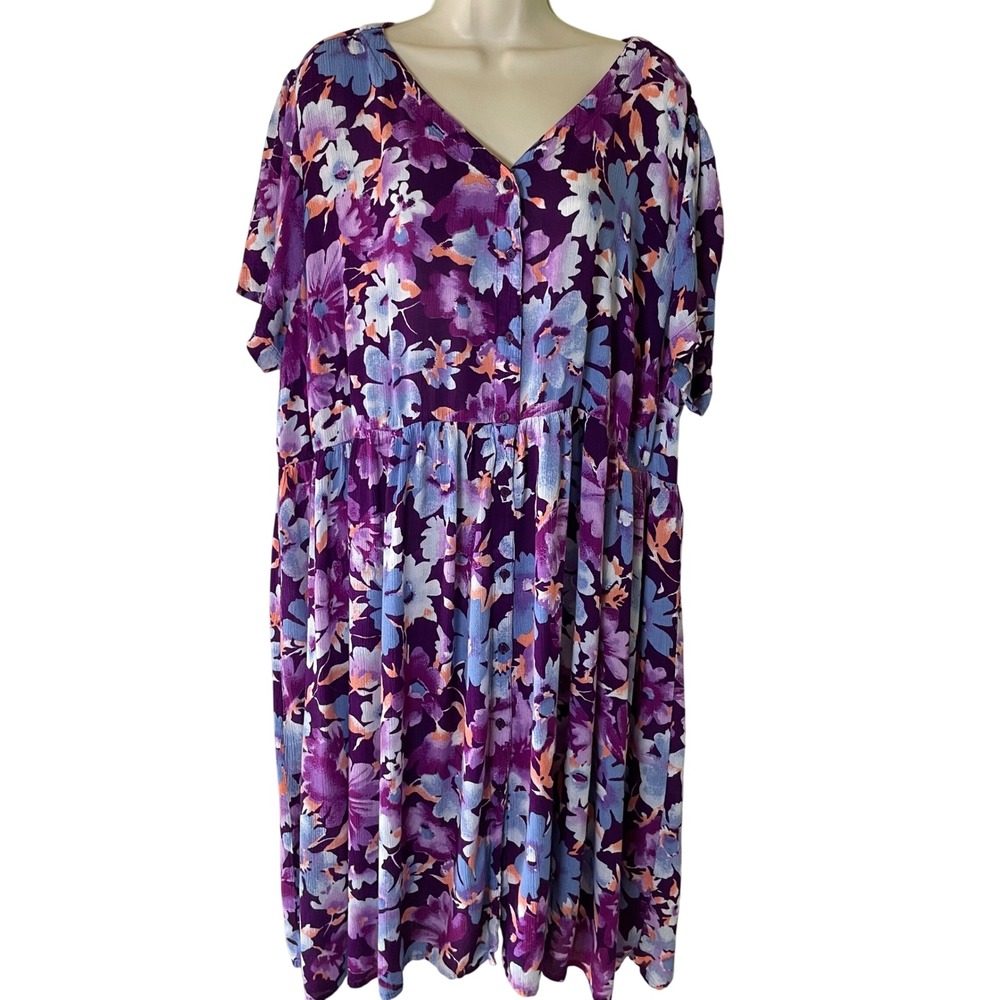 Woman Within Floral Button Front Babydoll Dress Plus Size 26/28 2X Purple Casual